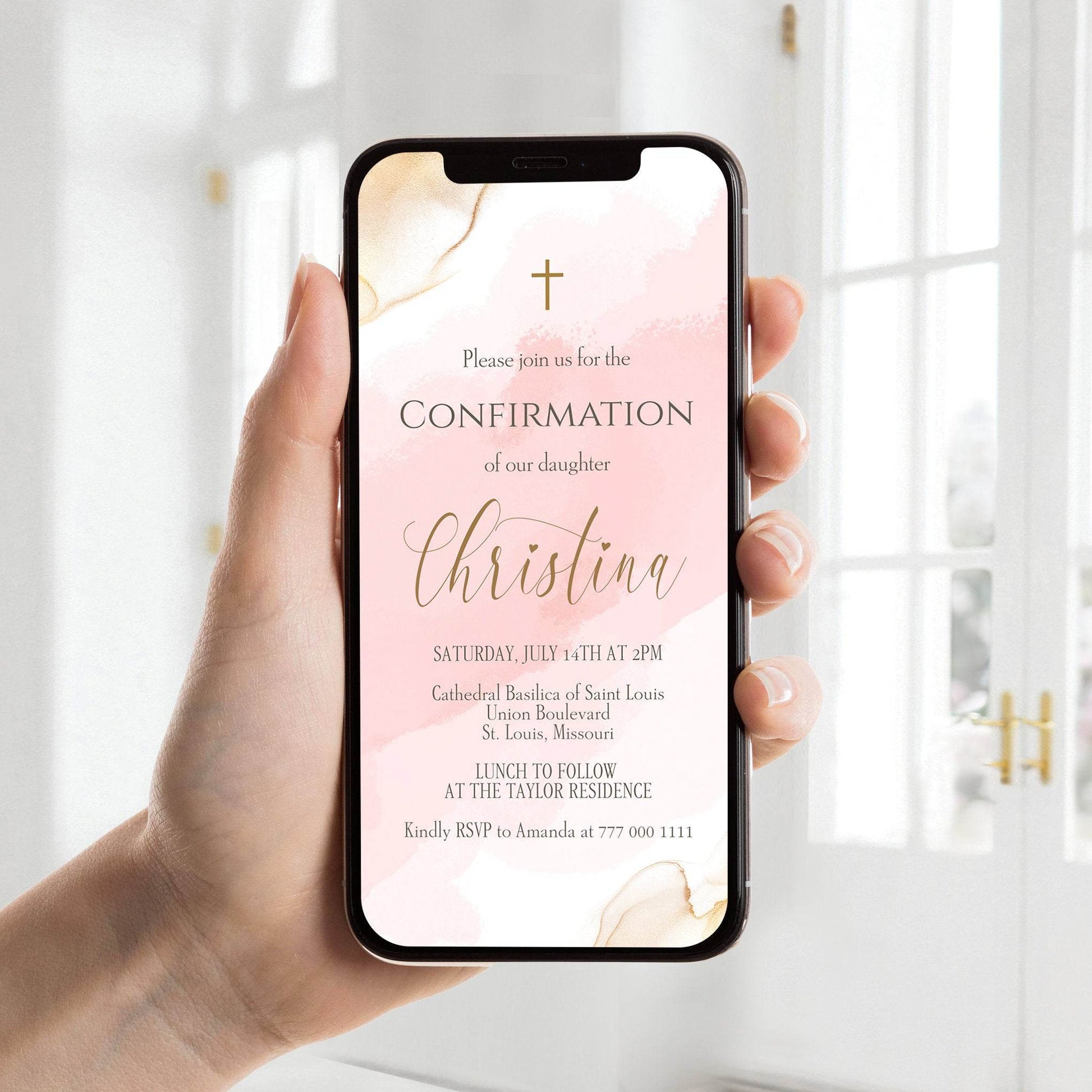 Pink Gold Girl Confirmation Invitation Template, Editable Watercolor Electronic Invite, Digital Confirmation Text Message Evite