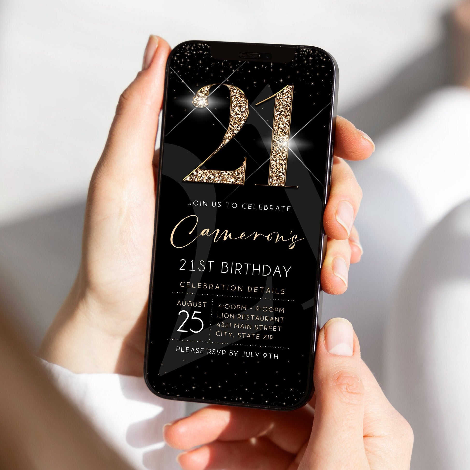 Luxury Digital 21st Twenty One Birthday Evite Invitation Template, Electronic Black Gold Modern Invite, Text Message Evite, 21 Phone Invite