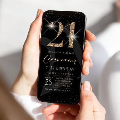 Luxury Digital 21st Twenty One Birthday Evite Invitation Template, Electronic Black Gold Modern Invite, Text Message Evite, 21 Phone Invite