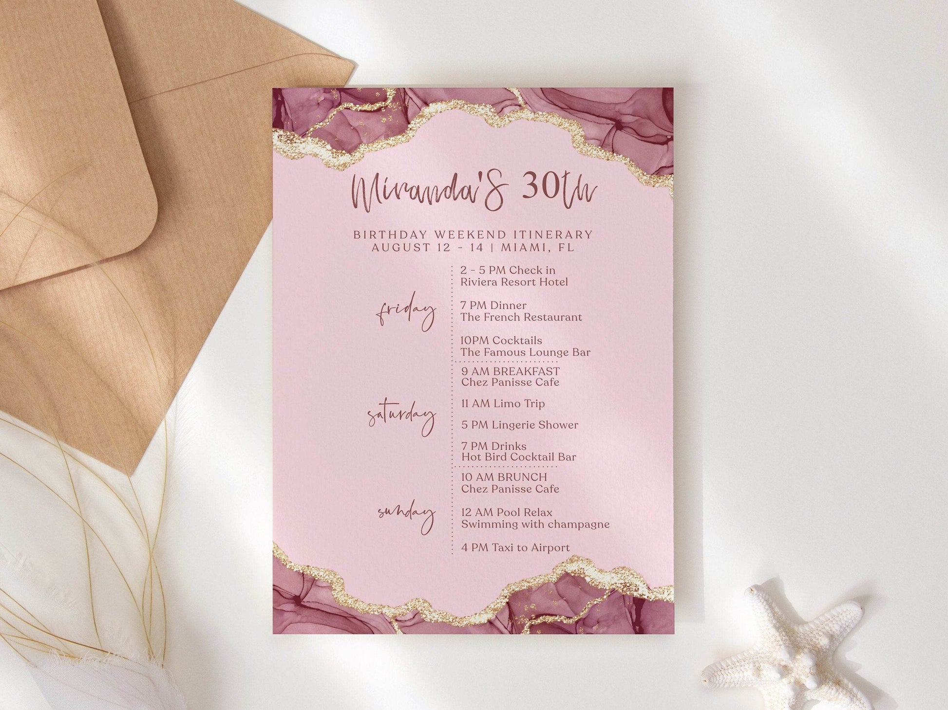 Printable Pink Gold Birthday Weekend Itinerary Template, Editable 30th Birthday Party Weekend Schedule, Digital Planning Program, Instant Download