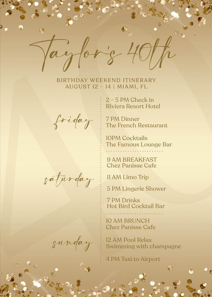 Editable Gold 40th Forty Birthday Itinerary Template, Printable Luxury Weekend Itinerary, Any Age Birthday Itinerary, Email Text Message