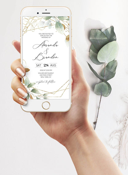 Greenery Gold Geometric Wedding Evite, Electronic Invitation Template, Text Message Email Invite, Phone, Cell Phone, Smarthone, Phone Invite