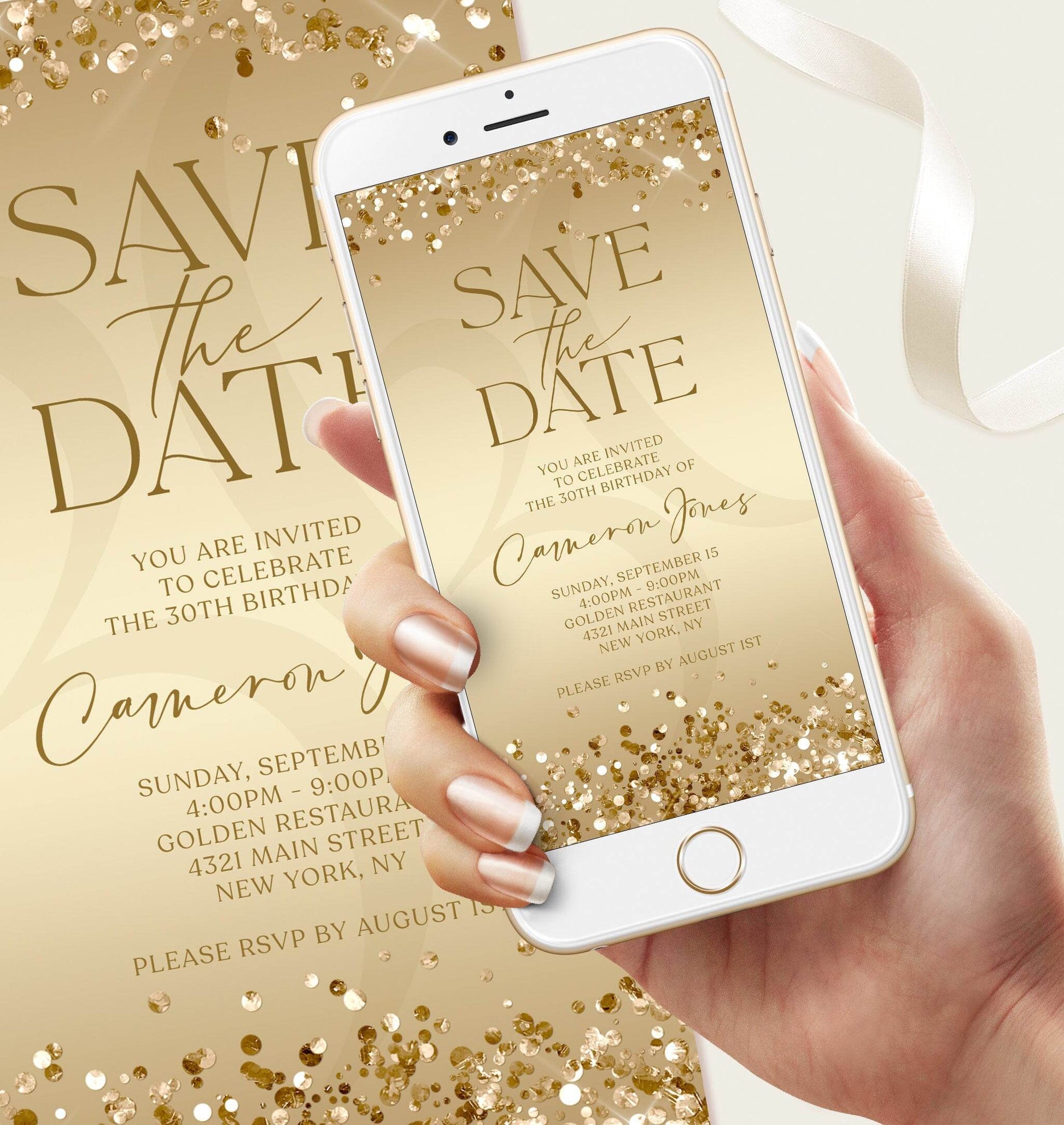Gold Save the Date Birthday Invitation – Digital Editable Template – Modern Luxury Evite – Text Message or Email – Instant Download