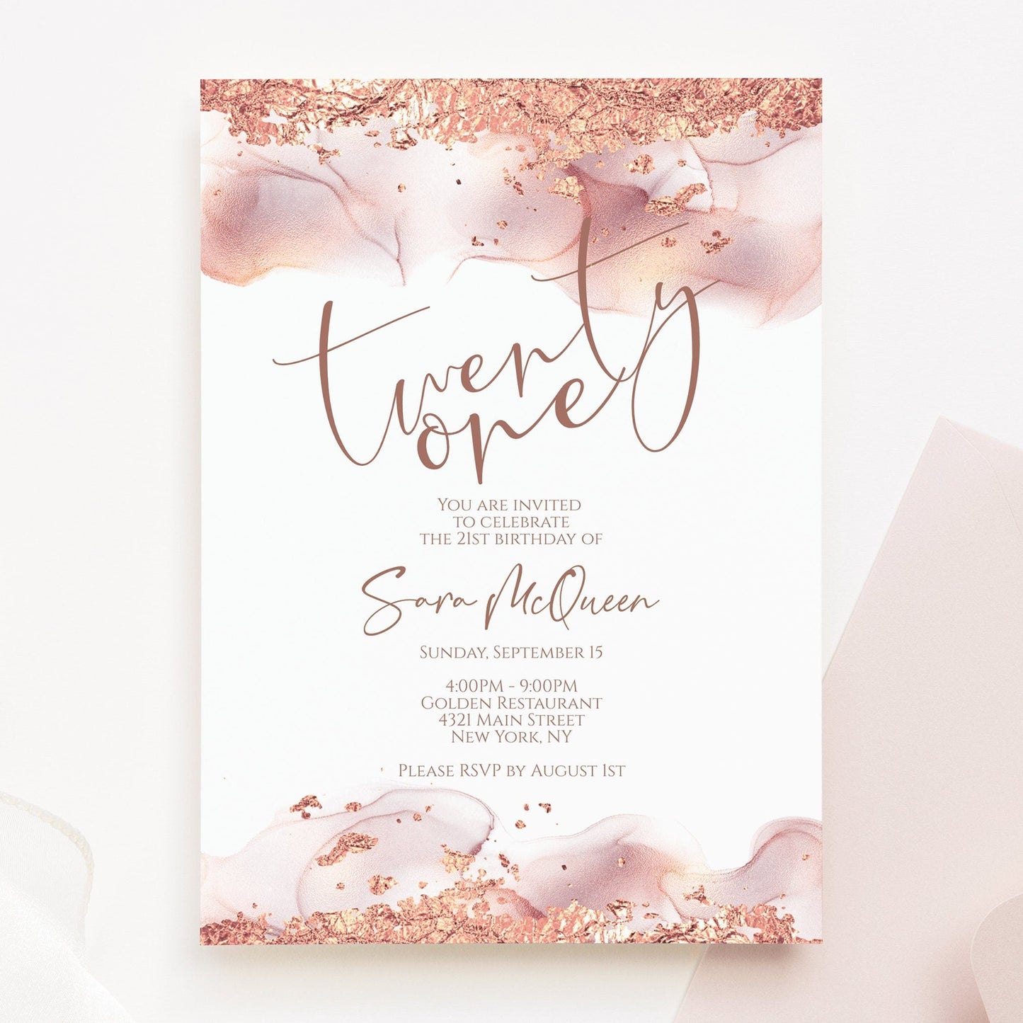 Printable 21st Twenty One Birthday Invitation, Editable Rose Gold Foil Blush Birthday Invite Template, DIY Digital Invite, Instant Download