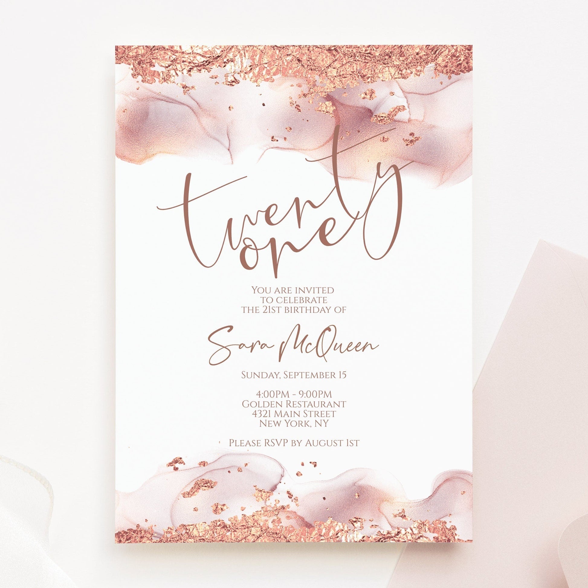 Printable 21st Twenty One Birthday Invitation, Editable Rose Gold Foil Blush Birthday Invite Template, DIY Digital Invite, Instant Download