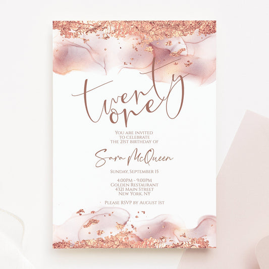 Printable 21st Twenty One Birthday Invitation, Editable Rose Gold Foil Blush Birthday Invite Template, DIY Digital Invite, Instant Download
