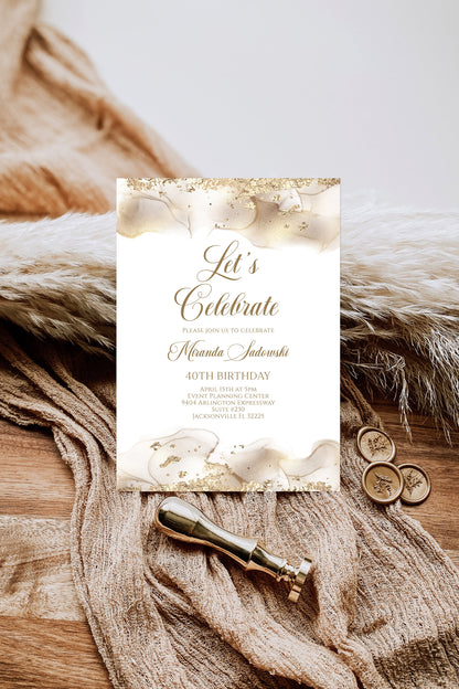 Printable Let's Celebrate White Gold Birthday Invitation Template, Any Age Gold Birthday Invite, Editable Let's Celebrate Birthday Card 5x7