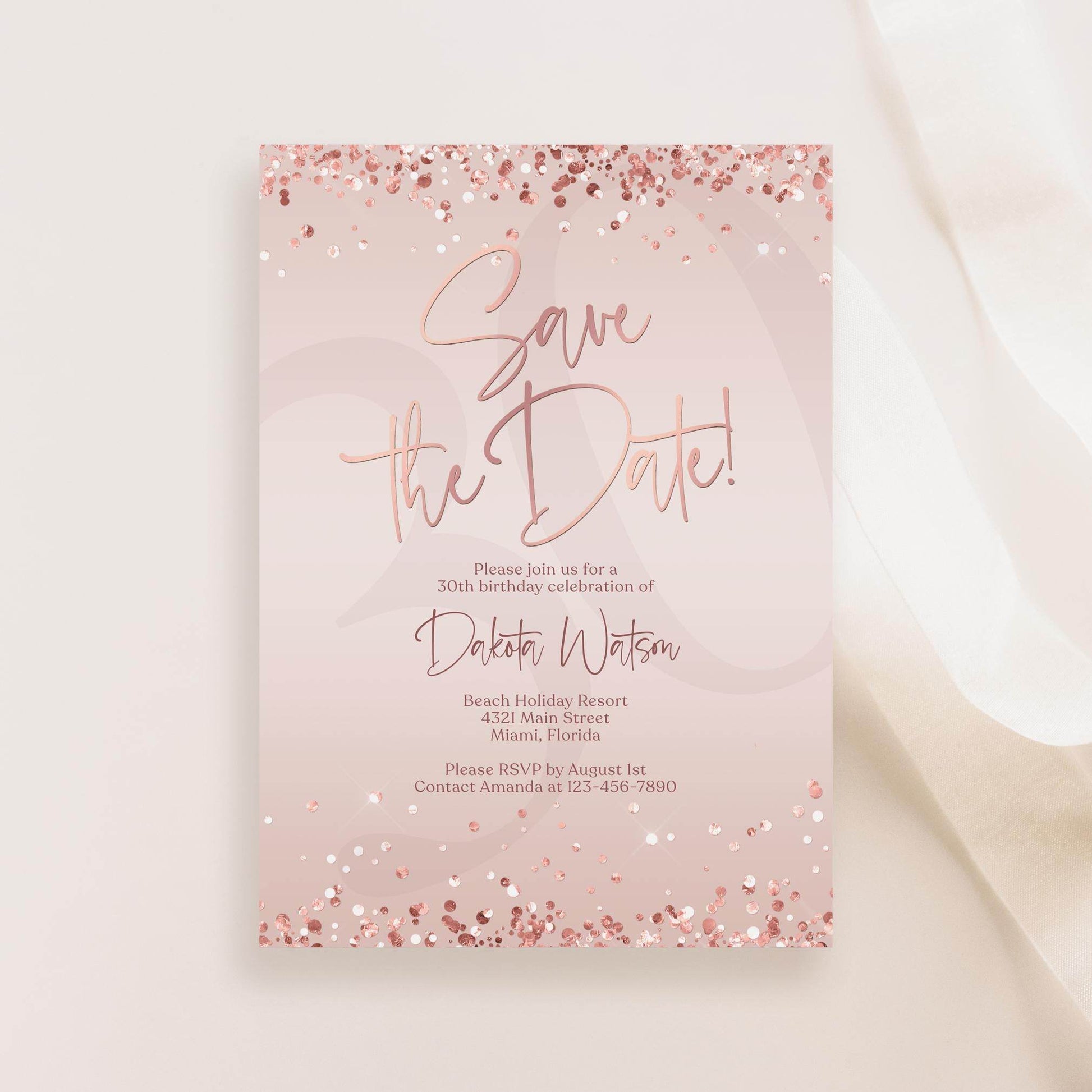 Save the Date Invitation Template | Editable Pink Rose Gold Birthday Invite | Any Age Digital Evite | Printable Text or Email Card | Instant Download