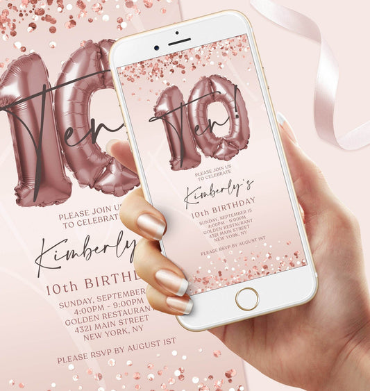 igital 10th Birthday Invitation for Girl – Editable Rose Gold Balloon Template | Electronic Ten Birthday Evite | Phone Text Message Invite | Instant Download