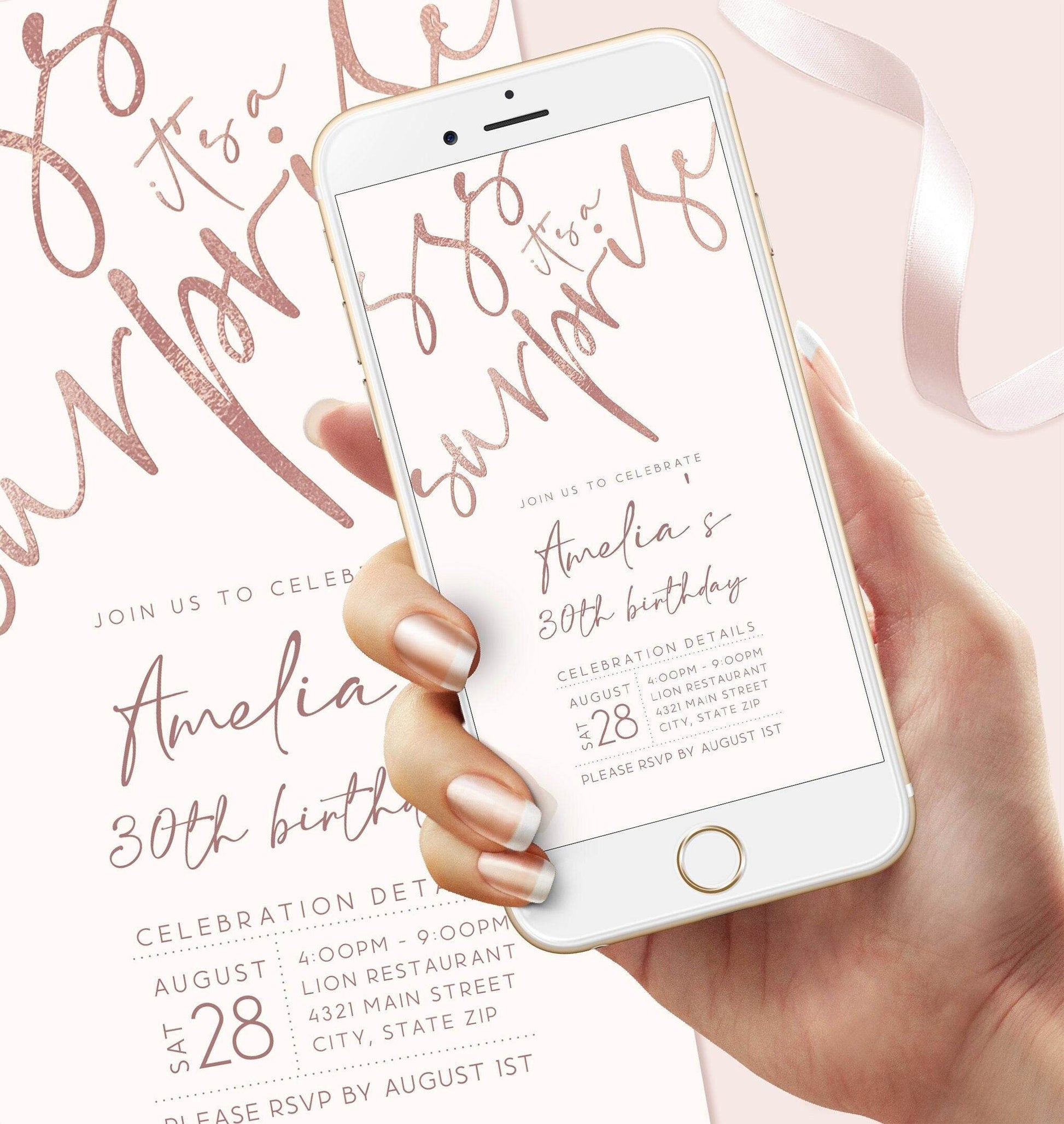 Digital Rose Gold 30th Birthday Surprise Invitation Template, Shhh It’s a Surprise Editable Text Message Evite, Custom Phone Birthday Invite, Instant Download