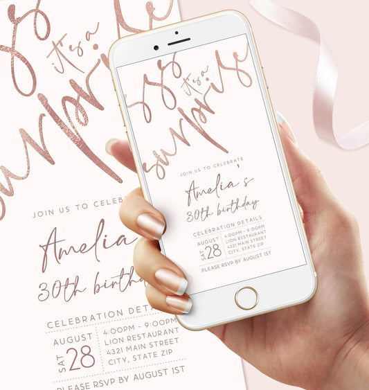 Digital Rose Gold 30th Birthday Surprise Invitation Template, Shhh It’s a Surprise Editable Text Message Evite, Custom Phone Birthday Invite, Instant Download