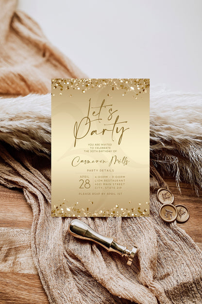 Gold Let's Party Birthday Invitation Template | Editable | Instant Download