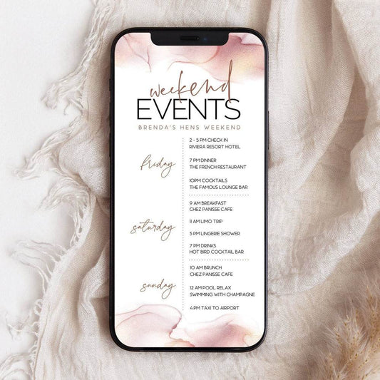 Rose Gold Hens Party Weekend Itinerary Template – Digital Bachelorette Weekend Schedule | Editable Luxury Evite for Text Message | Instant Download