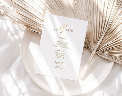 Printable White Gold Foil Menu Template, Editable Luxury Wedding & Birthday Menu, Simple Elegant Gold Menu, Instant Download DIY