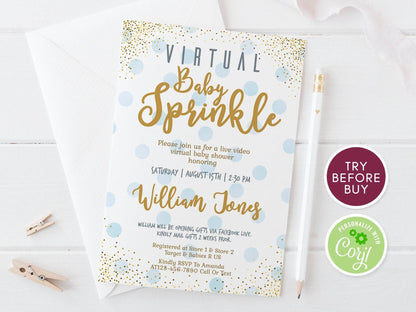 Editable Virtual Baby Sprinkle Invitation – Blue & Gold Confetti Boy Baby Shower Invite | Printable Digital Social Distance Template | Instant Download