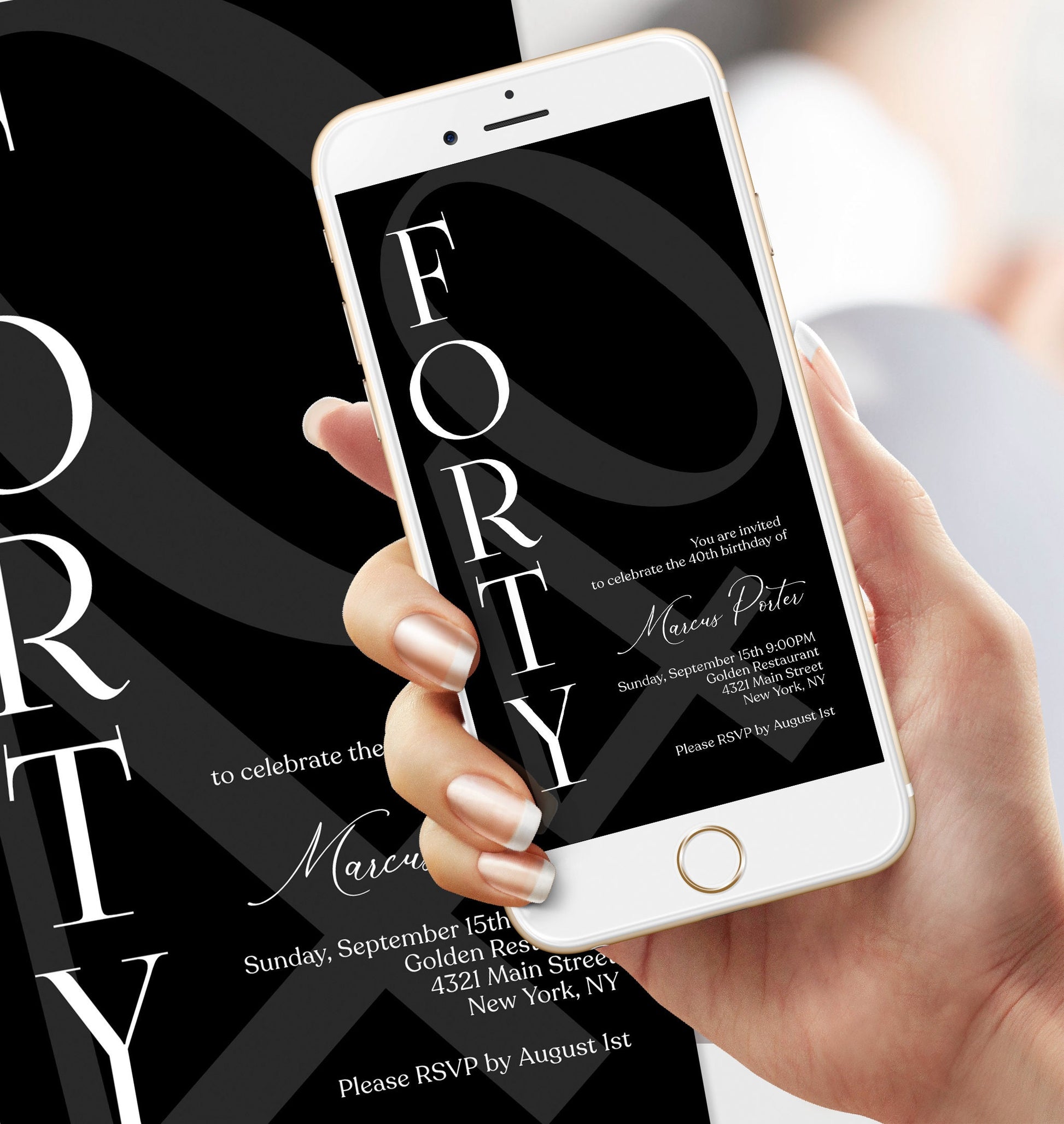 Digital Minimalist Simple Black 40th Forty Birthday Invitation Template, Editable Any Age Men Invite, Email Text Message Evite, Phone Invite