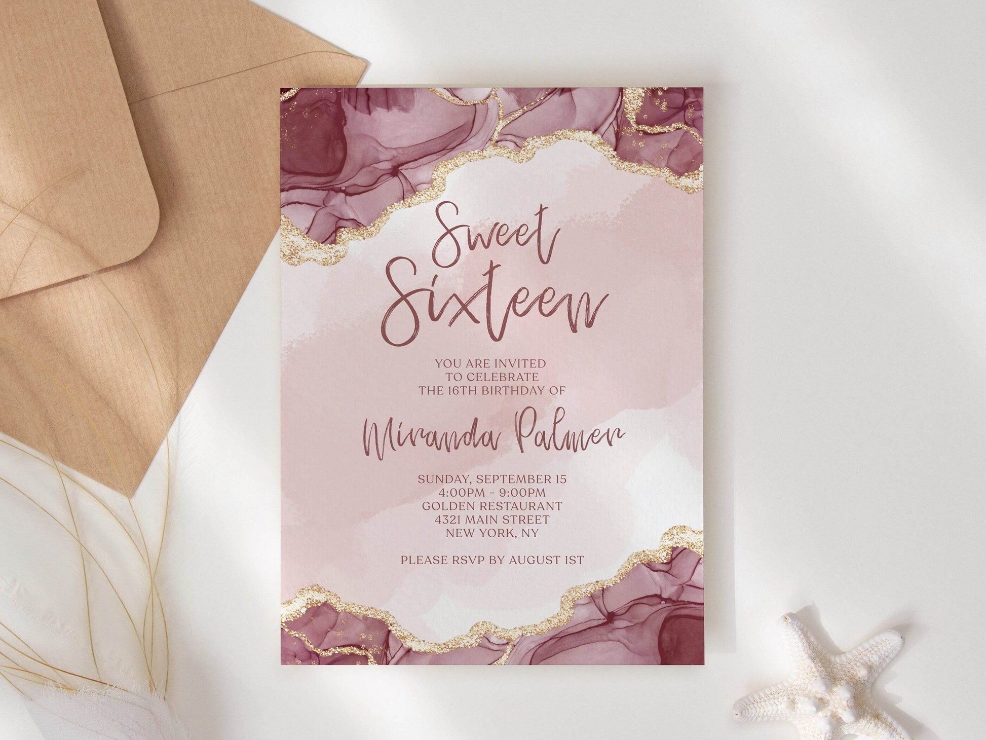 Sweet Sixteen Invitation Template | Editable Shades of Pink 16th Birthday Invite | Luxury Printable Dinner Card | Text Message or Email Evite