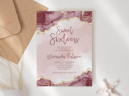Sweet Sixteen Invitation Template | Editable Shades of Pink 16th Birthday Invite | Luxury Printable Dinner Card | Text Message or Email Evite