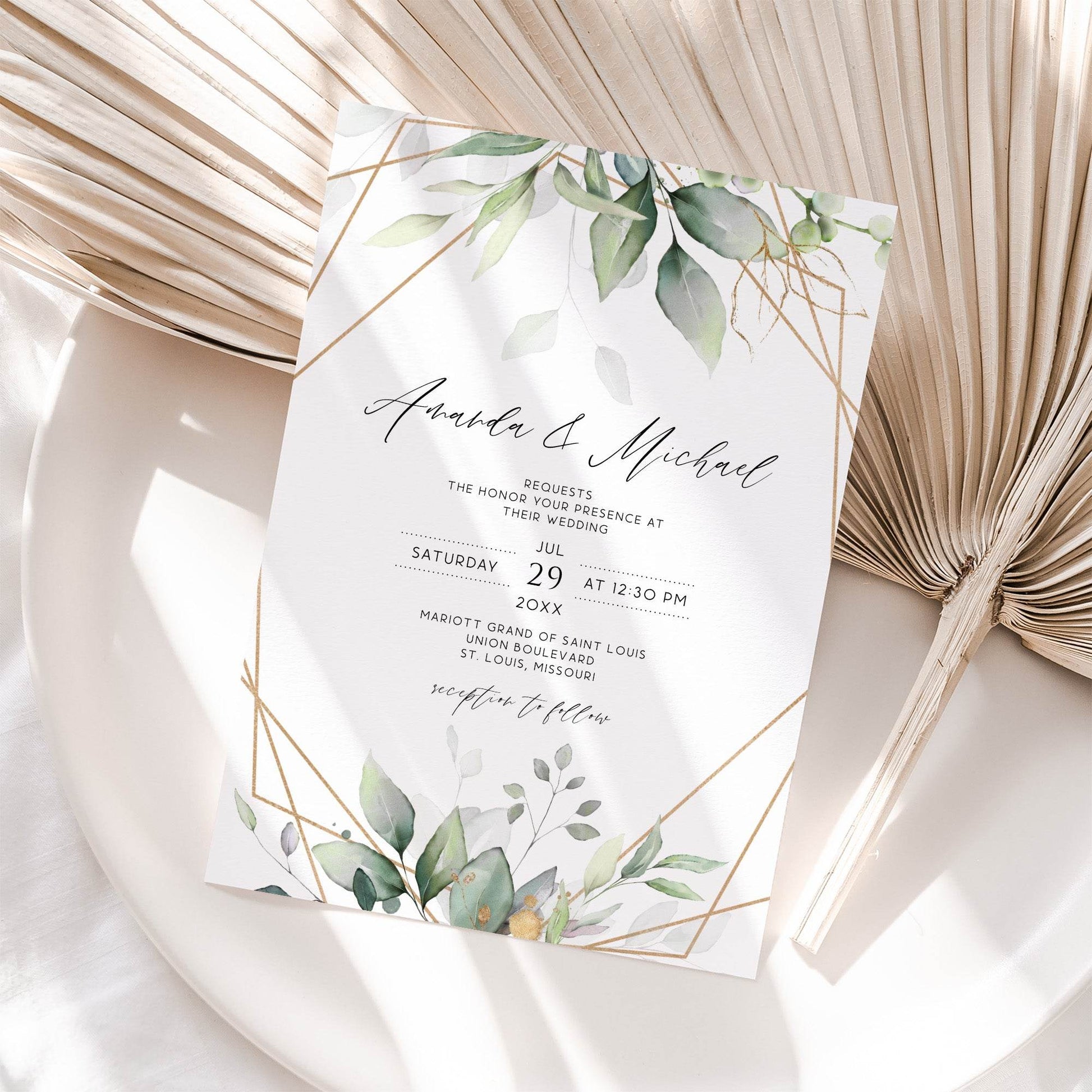 Geometric Greenery Wedding Invitation Template, Gold Frame Sage Invite, Editable Printable Wedding Invite, Instant Download, DIY Invitation