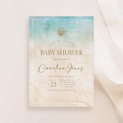 Beach Baby Shower Invitation Template, Baby Shower Beach Invite, Ocean Baby Shower, Sea Bridal Shower, Editable Template, Instant Download