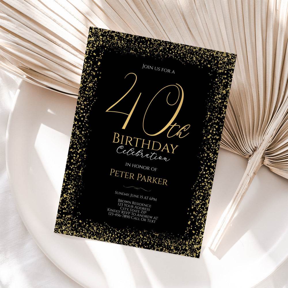 40th Birthday Invitation Template | Gold & Black Adult Party Invite | Editable Glitter Confetti Evite | 30th 50th 60th Milestone | Instant Download