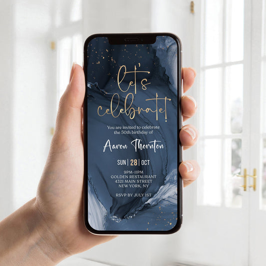Blue Gold Let's Celebrate Birthday Invitation Template, Digital Birthday Party Invites, Electronic Any Age Invites, Man Boy Birthday Evite