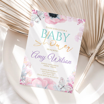 EDITABLE Butterfly Girl Baby Shower Invitation, Butterfly Baby | Pink Lilac Butterfly Baby Shower Invite, Butterfly Shower, Instant Download