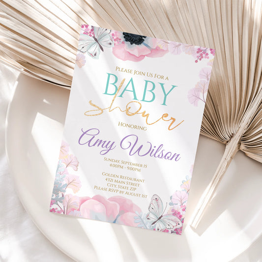 EDITABLE Butterfly Girl Baby Shower Invitation, Butterfly Baby | Pink Lilac Butterfly Baby Shower Invite, Butterfly Shower, Instant Download