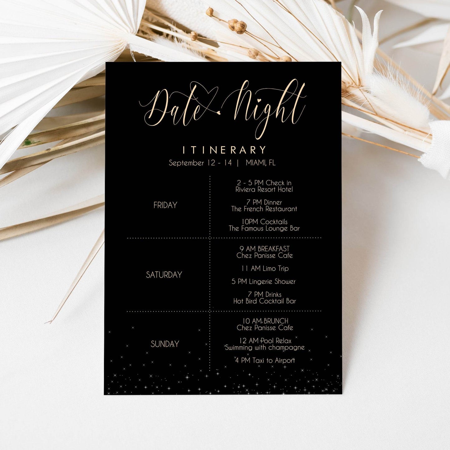 Editable Weekend Itinerary Template | Black Party Schedule | Bachelorette, Hens Party, Birthday Weekend | Printable & Text Message Itinerary | Instant Download