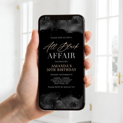 Digital All Black Affair Invitation, All Black Party Invite, Black and Gold, Electronic Formal Attire E-Invite, Editable Text Message Evite