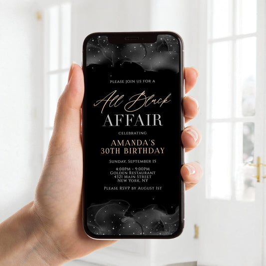 Digital All Black Affair Invitation, All Black Party Invite, Black and Gold, Electronic Formal Attire E-Invite, Editable Text Message Evite