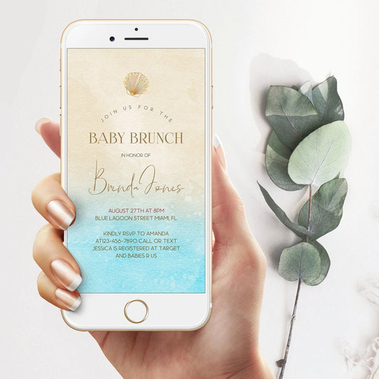 Digital Beach Baby Brunch Invitation, Editable Electronic Baby Shower Invite, Boy Girl Text Message Phone Evite, Instant Download Template