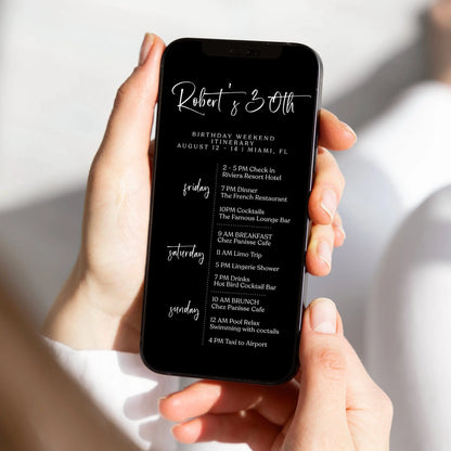 Electronic Black Birthday Weekend Itinerary Template, Digital Editable Minimalist Weekend Itinerary, Simple Birthday Weekend Itinerary Evite