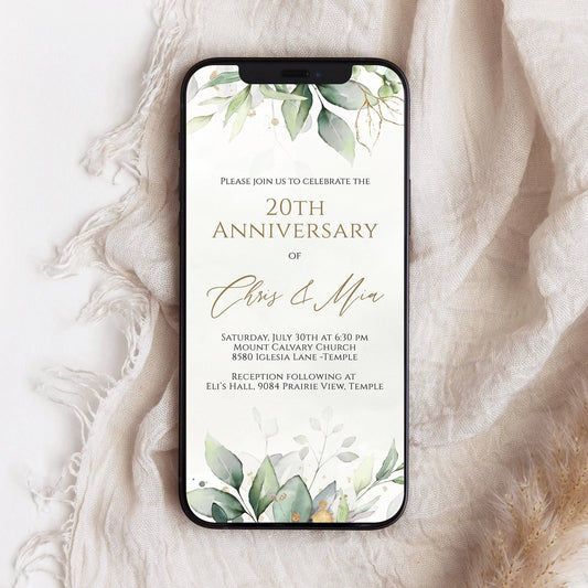 Digital Greenery Watercolor Editable Anniversary Electronic Invitation Template, Foliage 20th 25th 30th 40th 50th Anniversary Celebration
