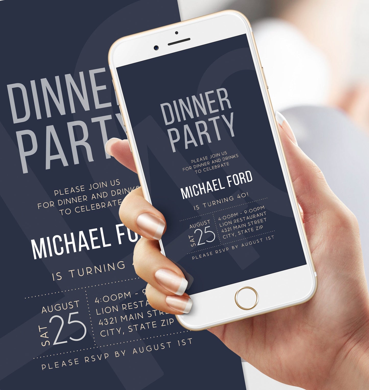 Digital Navy Dinner Party Invitation for Any Occasion, DIY Mobile Invitation Download, Simple Modern Birthday Dinner Invitation, Text Evite