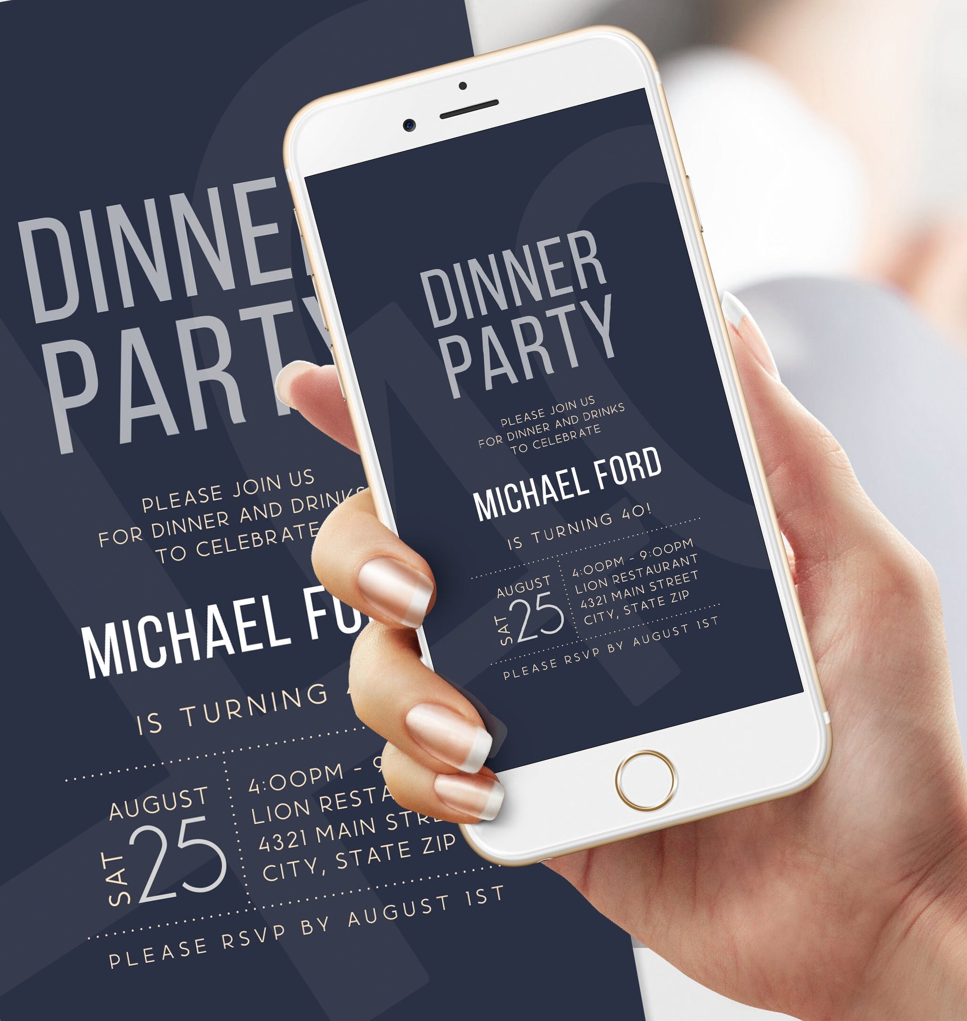 Digital Navy Dinner Party Invitation for Any Occasion, DIY Mobile Invitation Download, Simple Modern Birthday Dinner Invitation, Text Evite