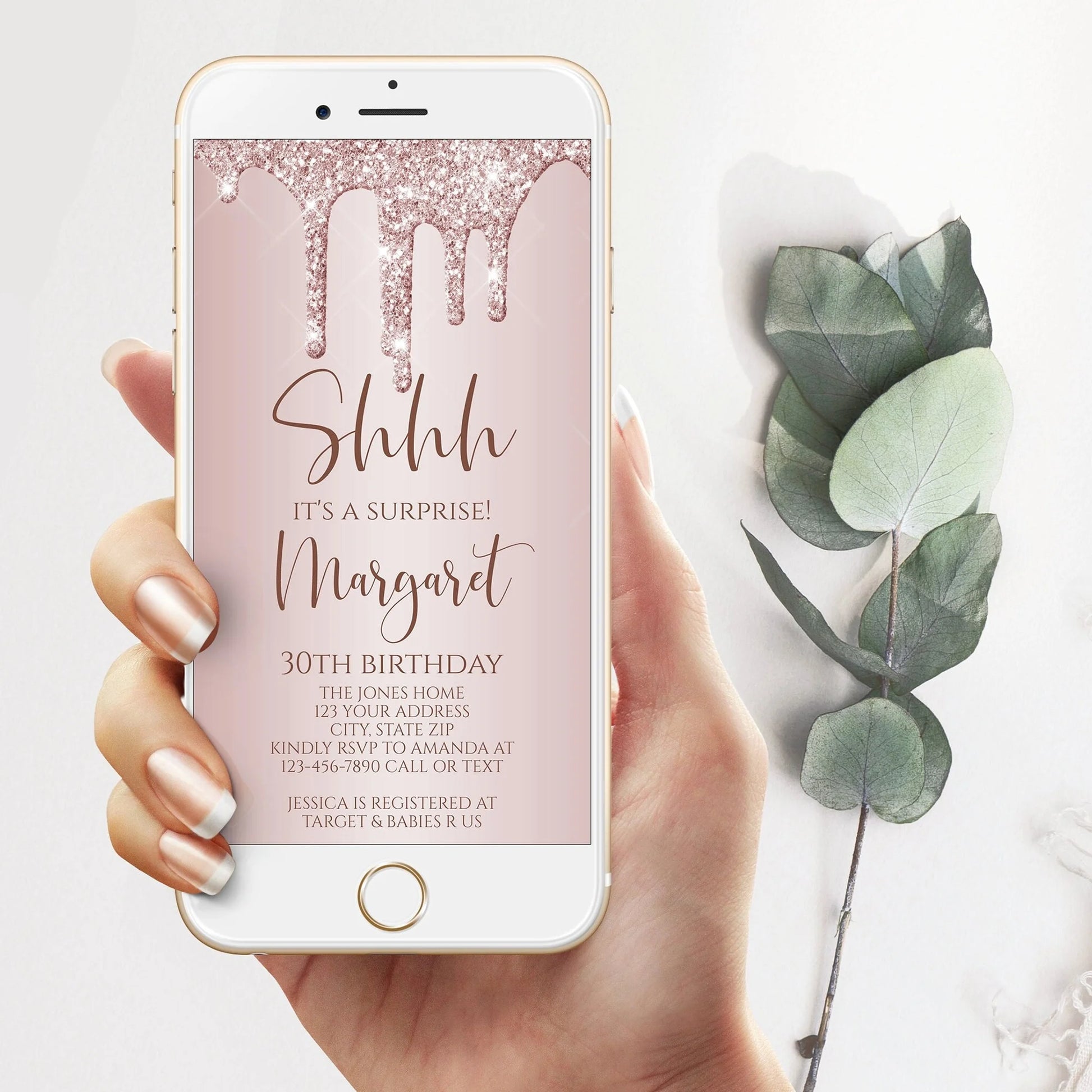 Digital Rose Gold Glitter Shhh it's a surprise Electronic 30th Thirty birthday text invitation template, Editable invite, Text Message Evite