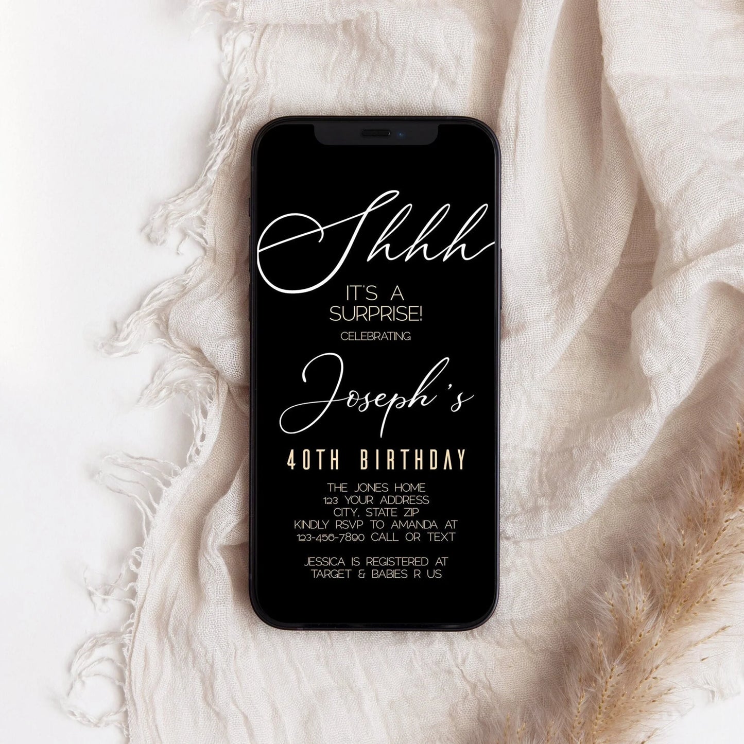 Black Gold Shhh it's a surprise Electronic 40th birthday text invitation template, Any Age editable diy invite, Message invite, Phone Evite