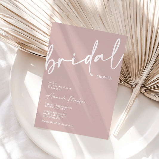Printable Bridal Shower Invite, Minimalist Bridal Shower Invitation, Dusty Pink Bridal Invitation, Bride to Be Evite Editable Invite Digital