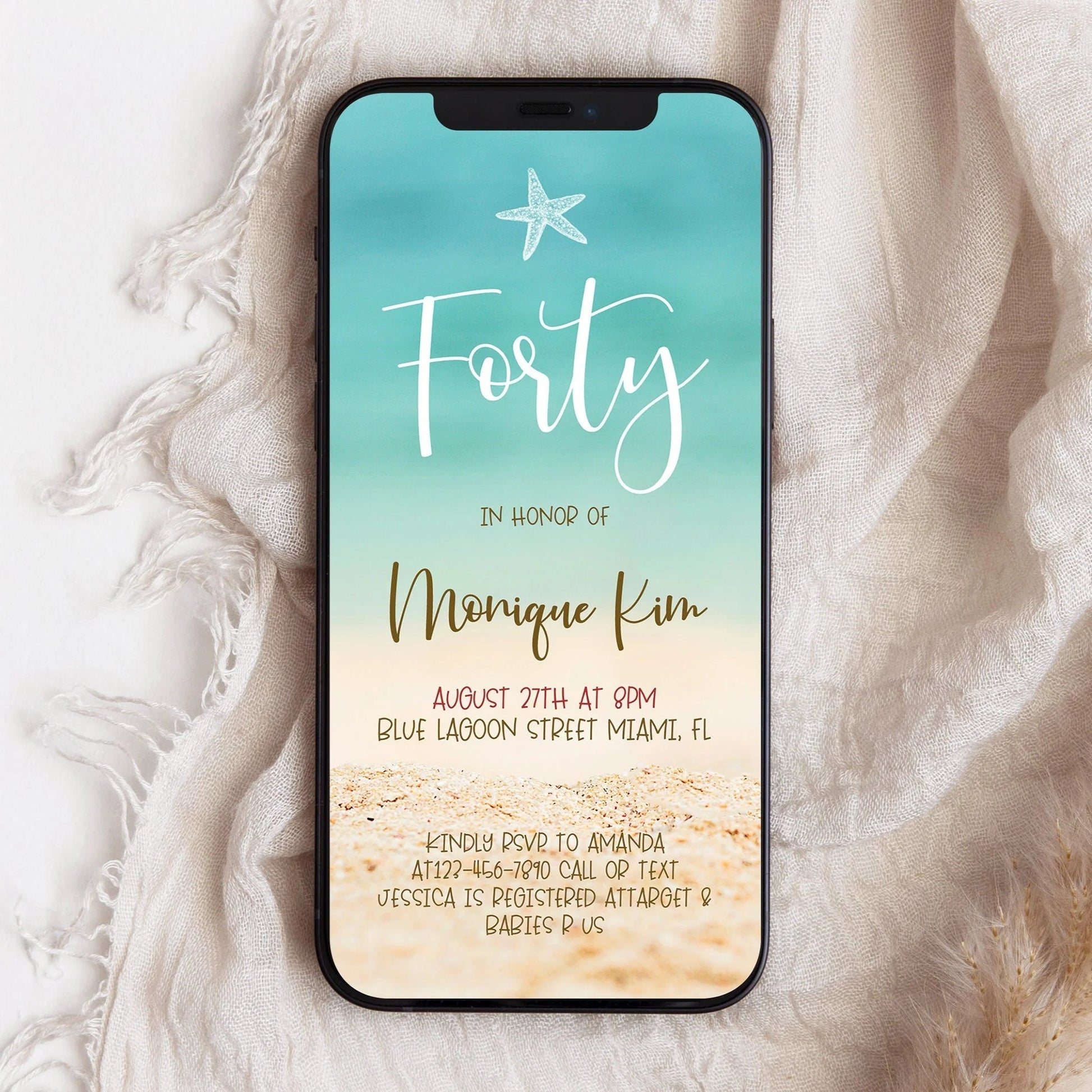 Forty Beach Party Electronic Invitation, Digital Beach 40th Birthday Text Message Invite, Beach Party Phone Evite, Invitation Template