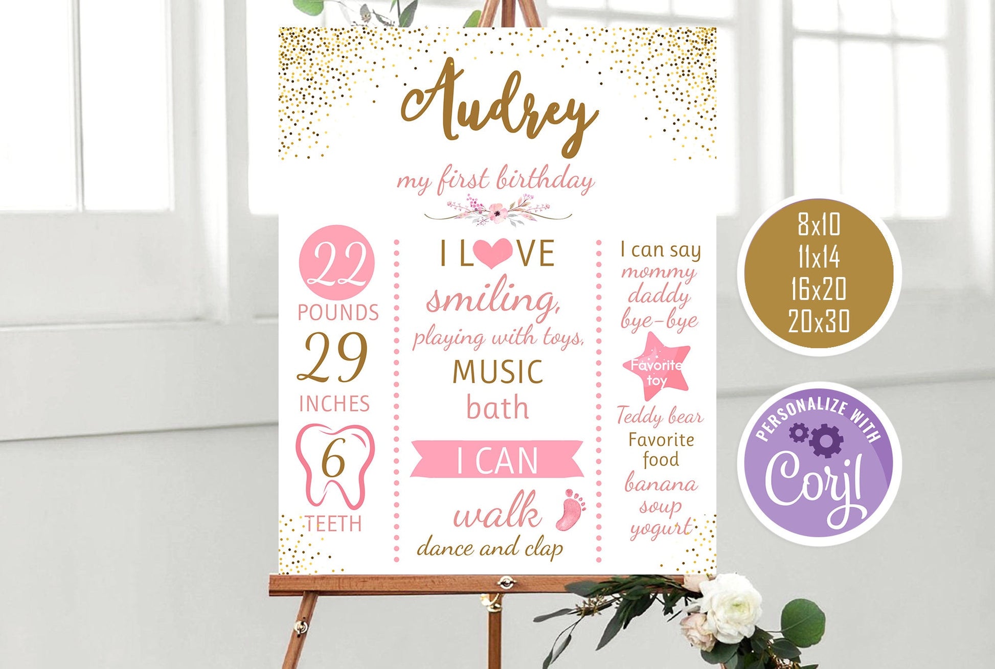 First Birthday Poster, Pink and Gold Confetti Board, Floral First Birthday Milestone Sign, Girl 1st Birthday Chalkboard Sign Birthday Poster