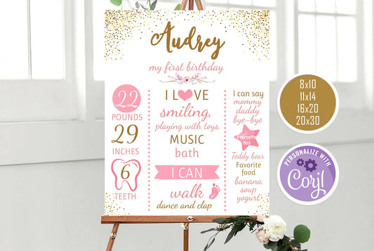 First Birthday Poster, Pink and Gold Confetti Board, Floral First Birthday Milestone Sign, Girl 1st Birthday Chalkboard Sign Birthday Poster