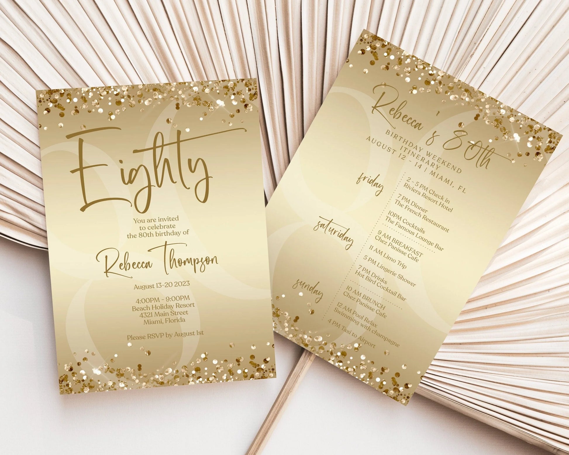 Printable Gold 80th Eighty Birthday Weekend Itinerary Template, Editable Birthday Weekend Invitation, Birthday Weekend Digital Invitation