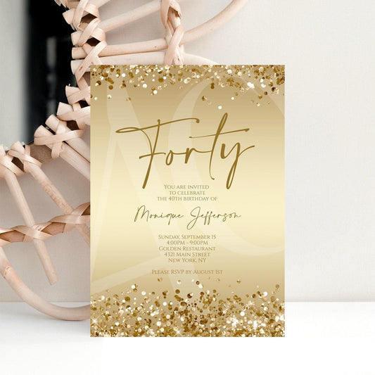 Gold Forty 40th Invitation Template Printable, Luxury Gold Glitter Confetti Invite, Any Age Gold Birthday Party, Editable Email Text Message
