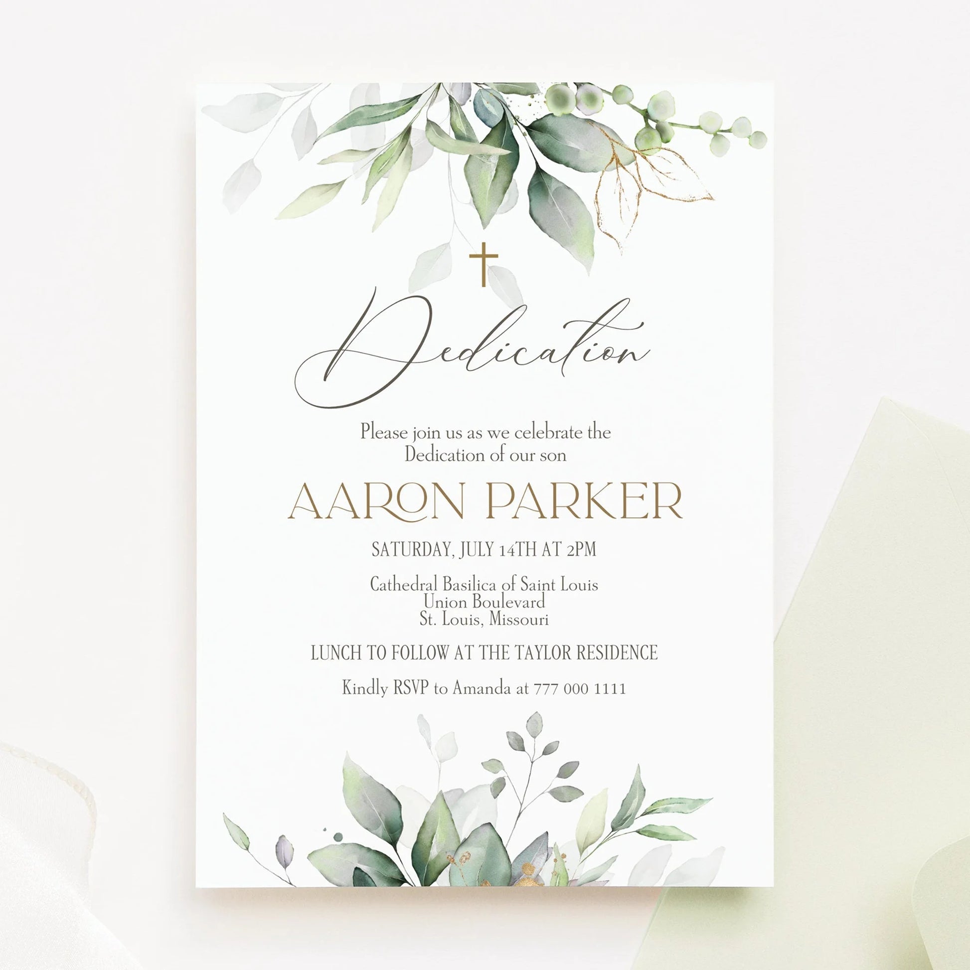 Greenery Dedication Invitation, Watercolor Baptism Invitation, Boy Girl Baptism Invitation, Printable Dedication Template, Editable Invite