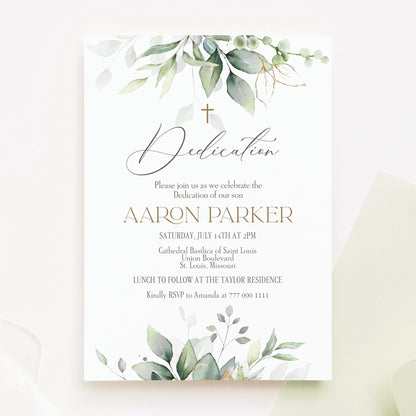 Greenery Dedication Invitation, Watercolor Baptism Invitation, Boy Girl Baptism Invitation, Printable Dedication Template, Editable Invite