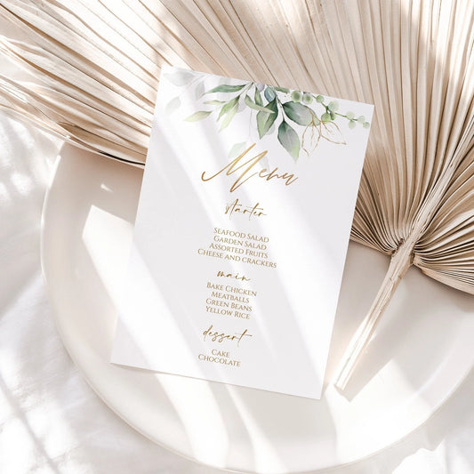 Greenery White Gold Foil Menu Template, Editable Gold Foil Birthday Menu, Wedding Menu, Luxury Menu, Printable Menu Cards, Instant Download