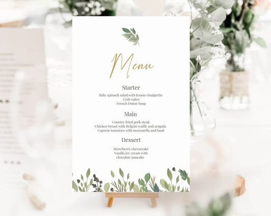 Greenery Menu Card Template | Editable Printable Menu for Wedding, Baptism, Birthday | DIY Event Menu Design | Instant Digital Download