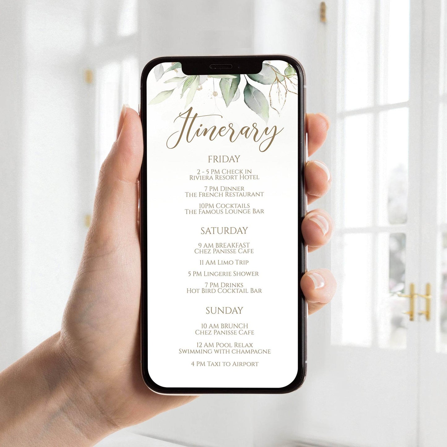 Greenery Weekend Itinerary Template | Editable Digital Itinerary for Wedding, Birthday, or Bachelorette | Mobile SMS Phone Evite | Instant Download