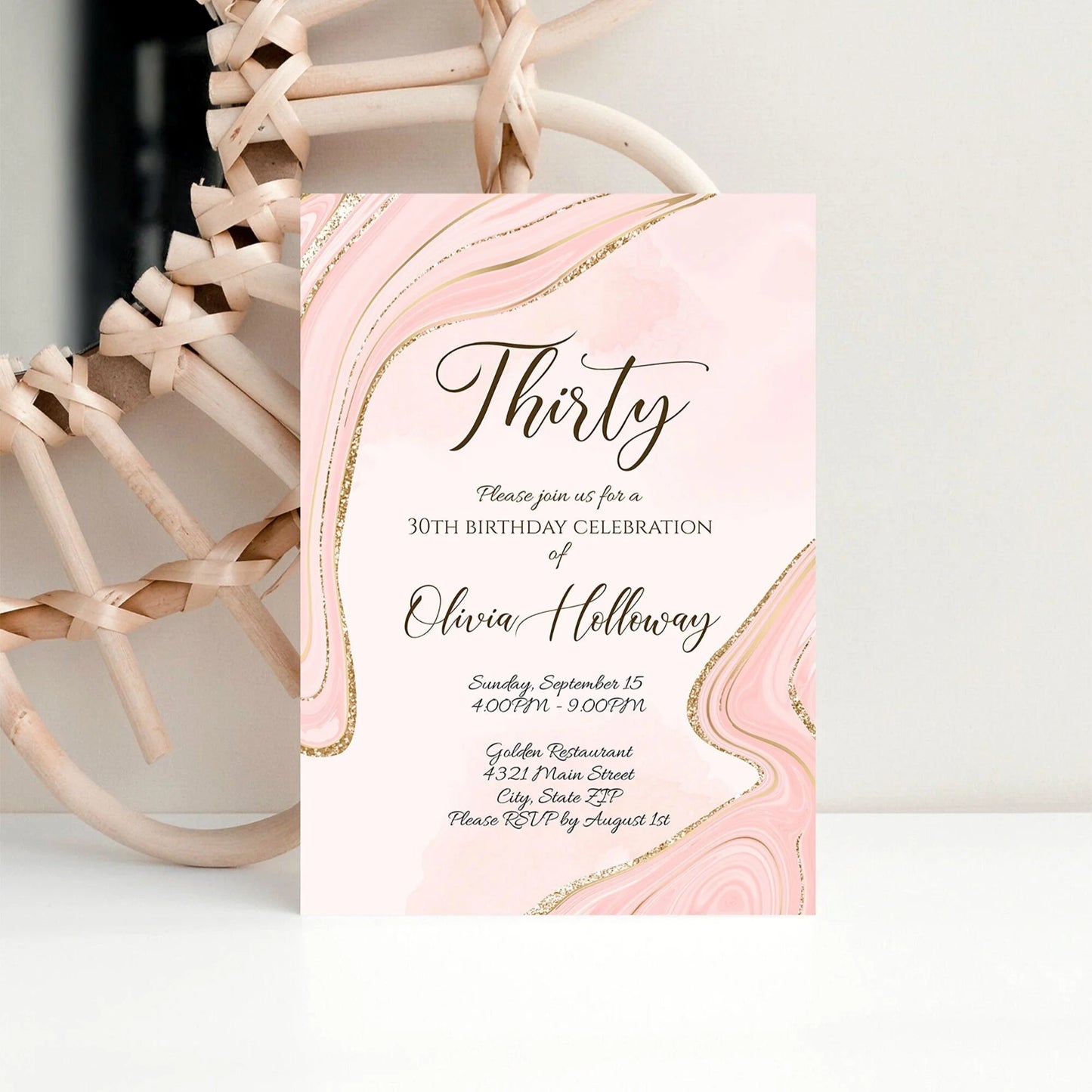 Luxury 30th Rose Gold Glitter invitation, Editable Thirty Birthday Invitation Template, Printable Invite, Digital File, Instant Download DIY